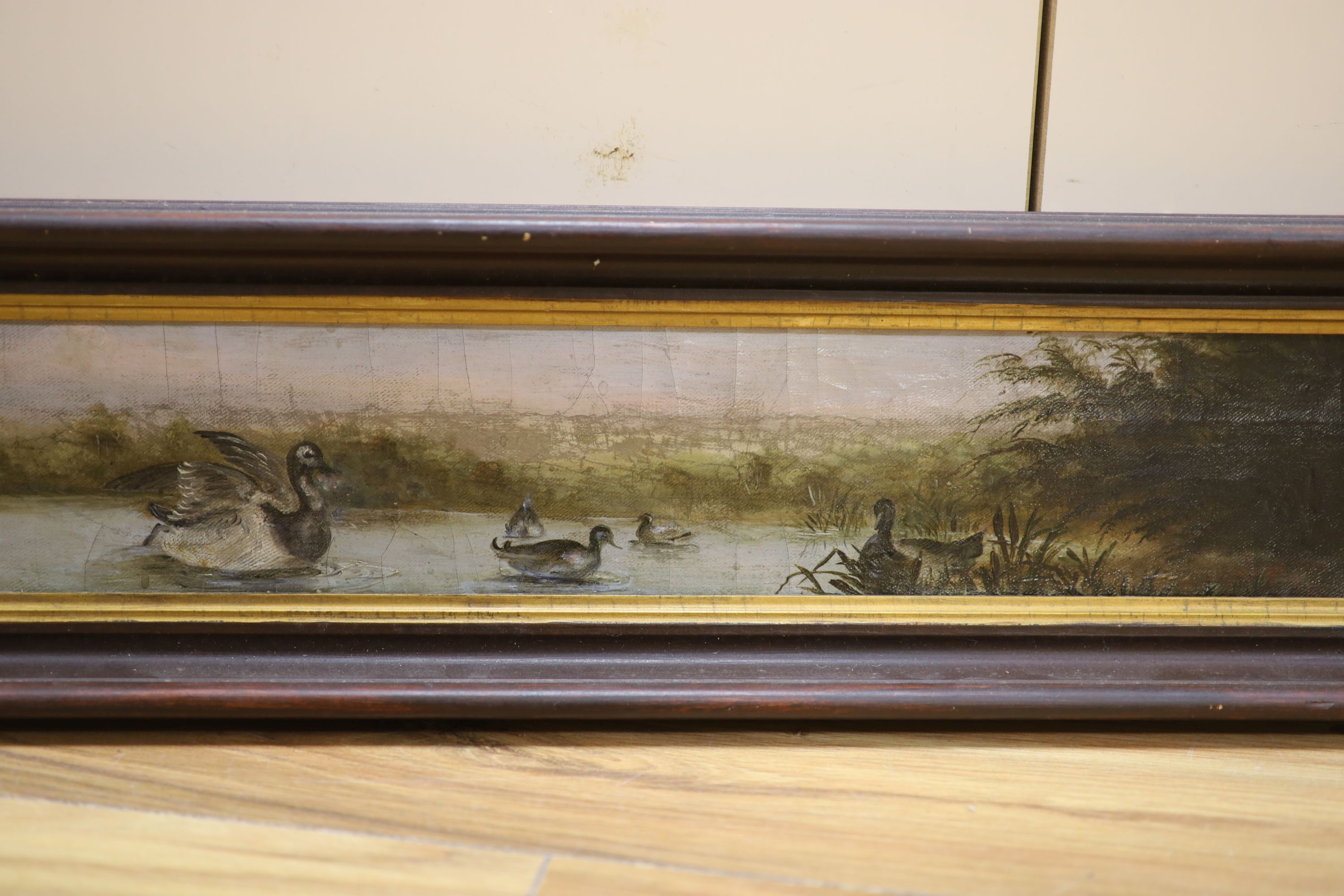 P. Allison Ball, oil on canvas, Waterbirds upon a pond, indistinctly signed, 9 x 84cm